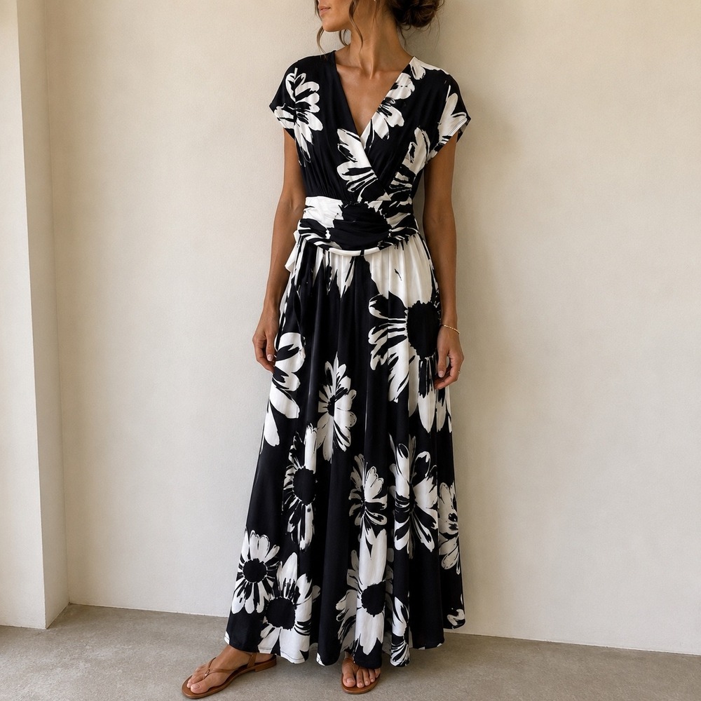 KOH KOH Black White Floral Maxi Dress Faux Wrap Size M Boho Minimalist Resort